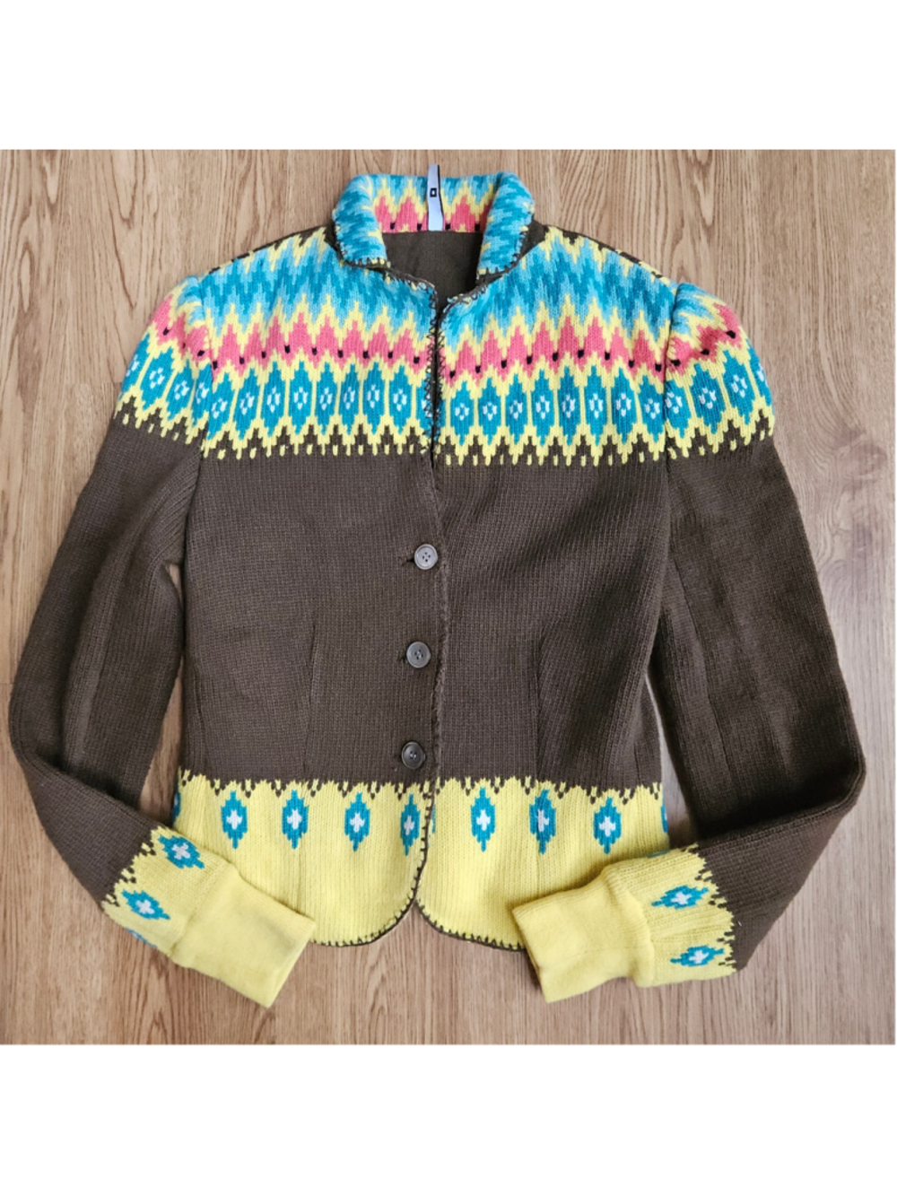 IISLI New York Wool Green Multicolor Knit Button Front Jacket Nordic Fair Isle